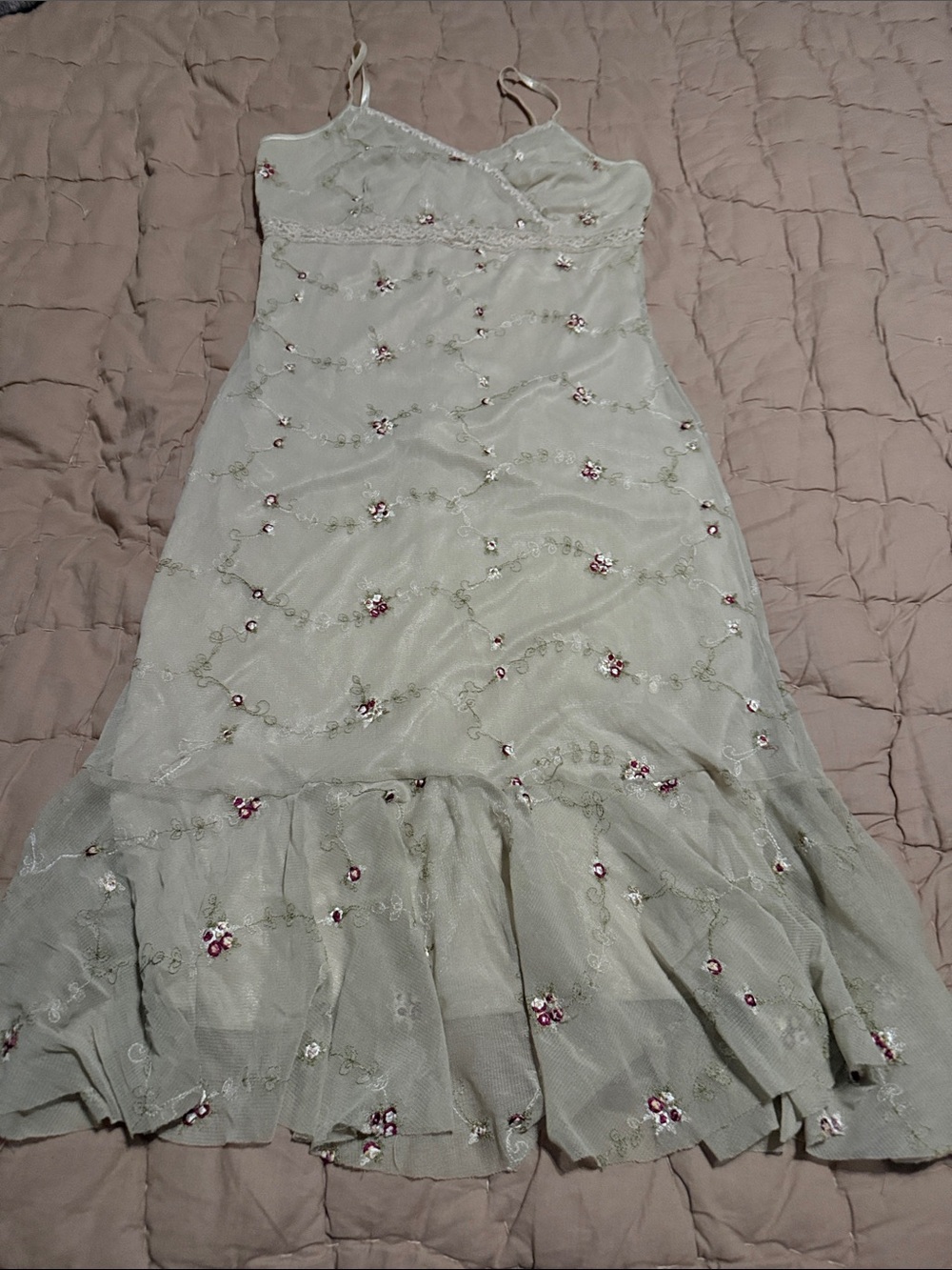 Delicate Floral Embroidered Slip Dress in Sage Green